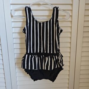 Ruffle Butts Black and White Striped Skirted One-piece Swimsuit 12/18M